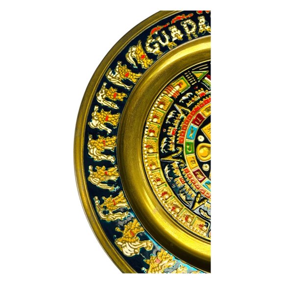 Vintage Guadalajara Mexico Decorative Brass Aztec Calendar Plate 11" - Picture 5 of 12
